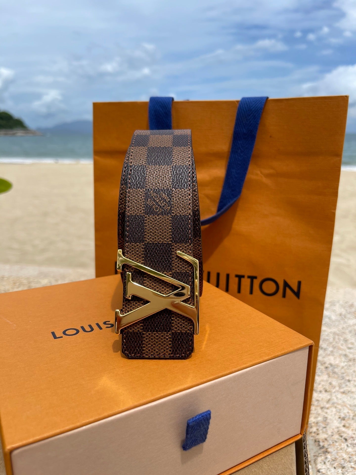 LV Belt Brown Checkered Gold Buckle