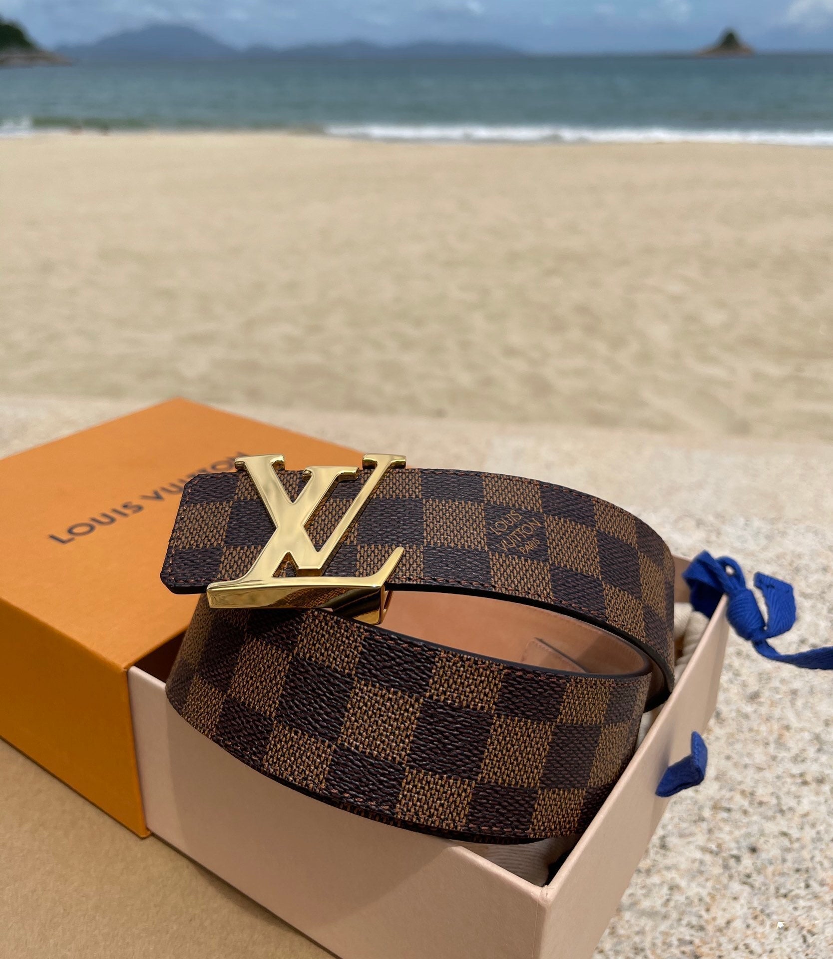 LV Belt Brown Checkered Gold Buckle