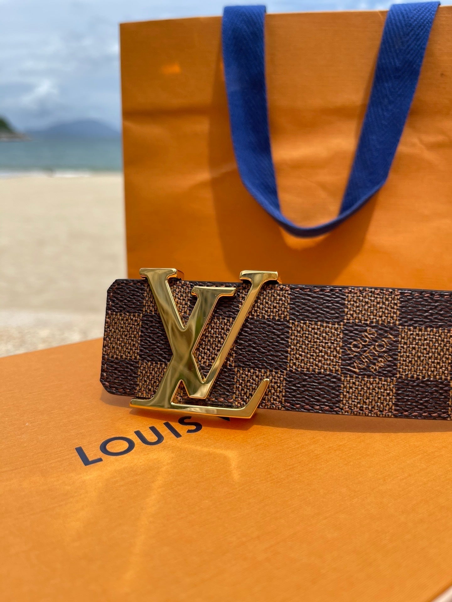 LV Belt Brown Checkered Gold Buckle