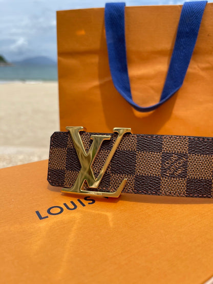 LV Belt Brown Checkered Gold Buckle