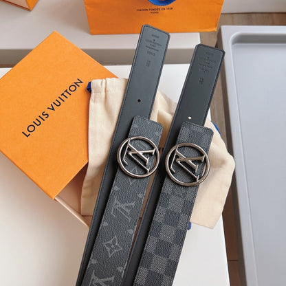 LV Belt Checkered Black Silver Circle Buckle