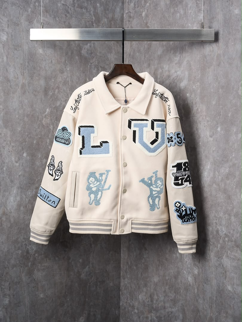 LV Multi-Patches Mixed Leather Varsity Blouson (Milky White)