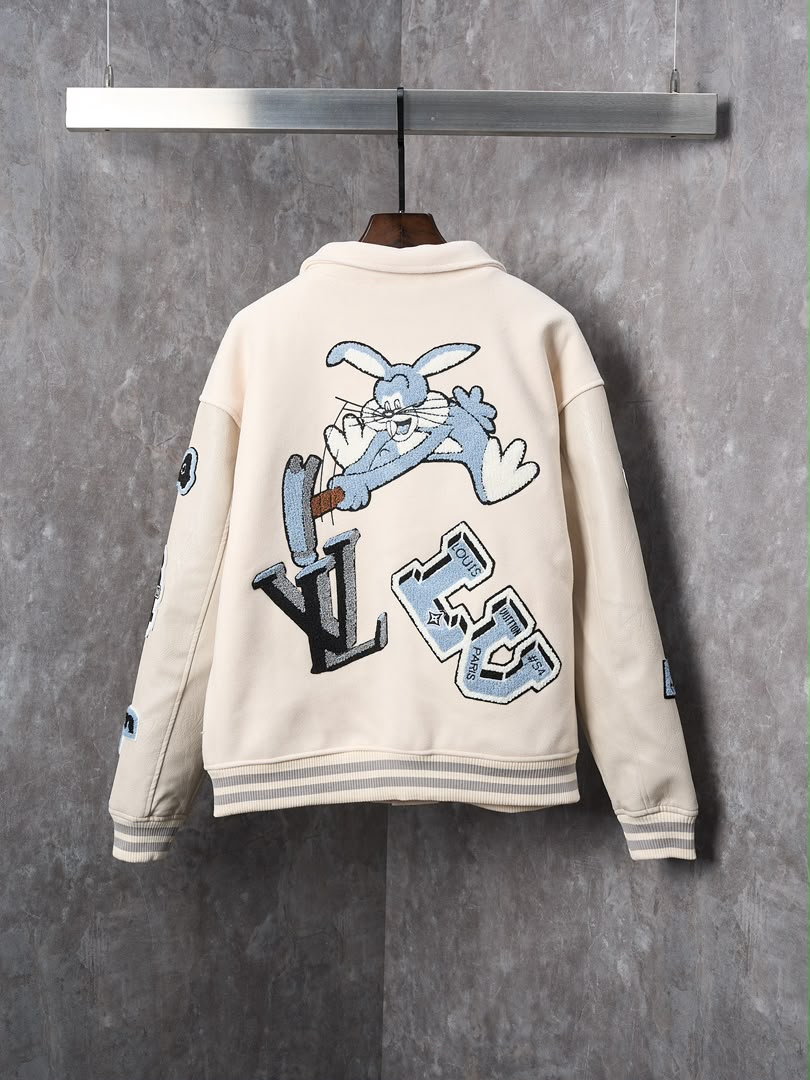 LV Multi-Patches Mixed Leather Varsity Blouson (Milky White)
