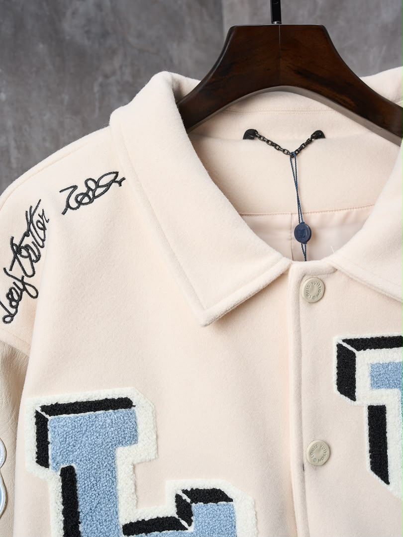 LV Multi-Patches Mixed Leather Varsity Blouson (Milky White)