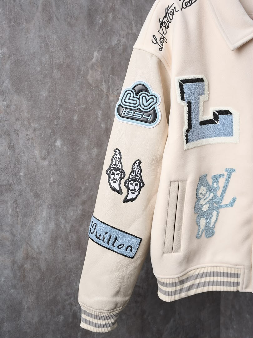 LV Multi-Patches Mixed Leather Varsity Blouson (Milky White)