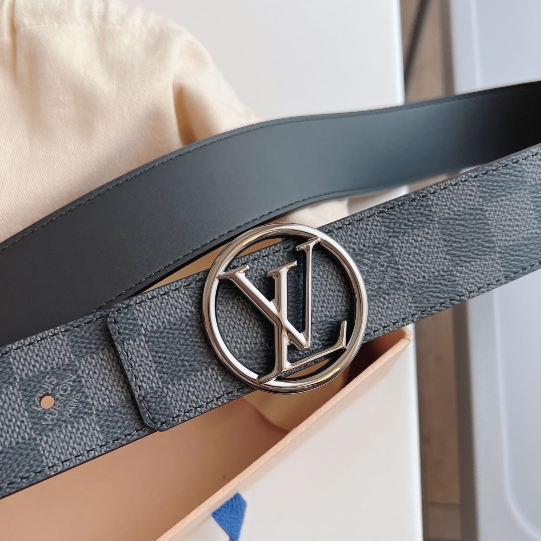 LV Belt Checkered Black Silver Circle Buckle