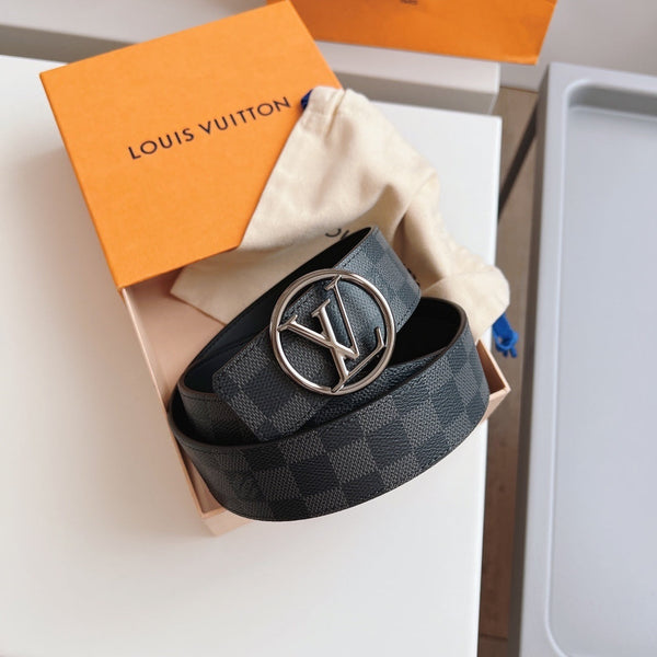 LV Belt Checkered Black Silver Circle Buckle