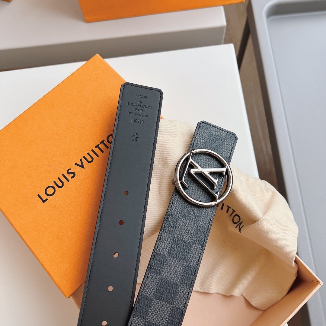LV Belt Checkered Black Silver Circle Buckle