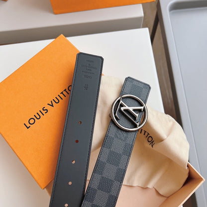 LV Belt Checkered Black Silver Circle Buckle