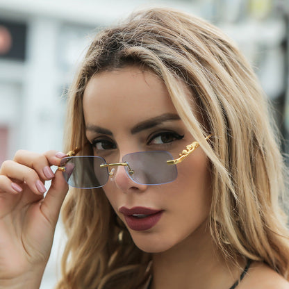 IL - Vintage Gold Metal Leopard Sunglasses with Rimless Rectangle Frame and Tinted Shades