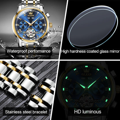 OLVES Automatic Mechanical Business Watch with Calendar, Stainless Steel, and Waterproof Design