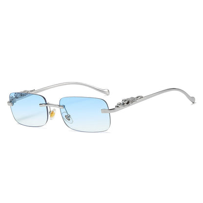IL - Vintage Gold Metal Leopard Sunglasses with Rimless Rectangle Frame and Tinted Shades